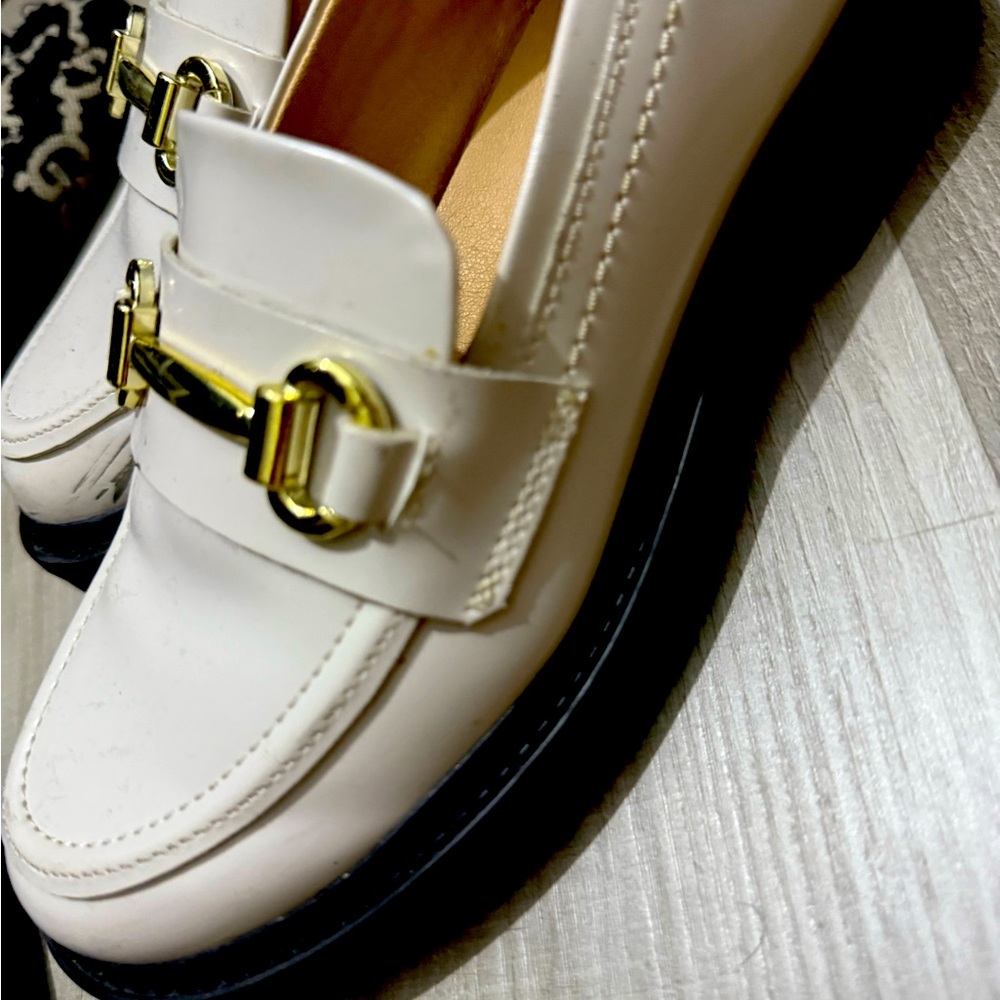 Steve Madden Cream Loafers with Gold Buckles